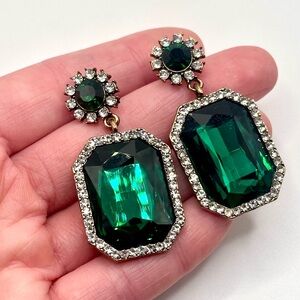 Huge Green Glass Faceted Rectangle Rhinestone Earrings - Art Deco Glam Holiday